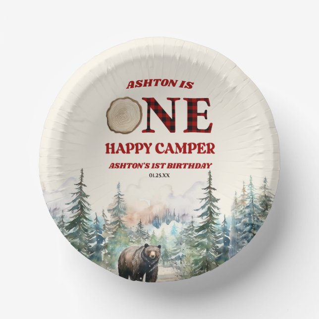 ONE Happy Camper Bear Red 1st Birthday Party Paper Plate (Front)