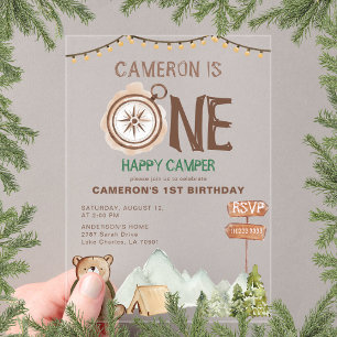 One Happy Camper Bear Woodland 1st Birthday Acrylic Invitations