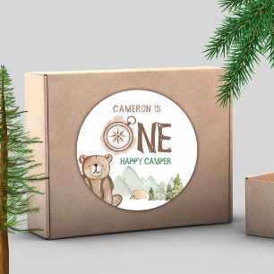 One Happy Camper Bear Woodland 1st Birthday  Classic Round Sticker