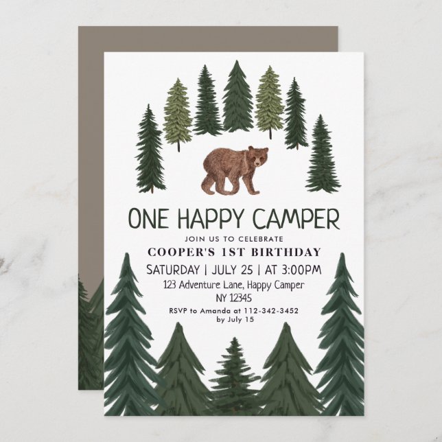 One Happy Camper Bear Woodland 1st Birthday  Invitation (Front/Back)