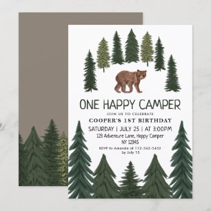 One Happy Camper Bear Woodland 1st Birthday  Invitation