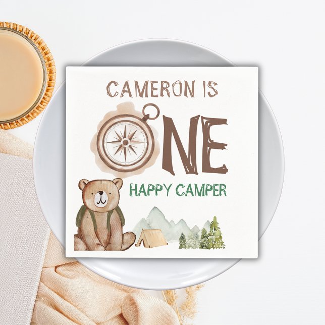 One Happy Camper Bear Woodland 1st Birthday  Napkin (Creator Uploaded)