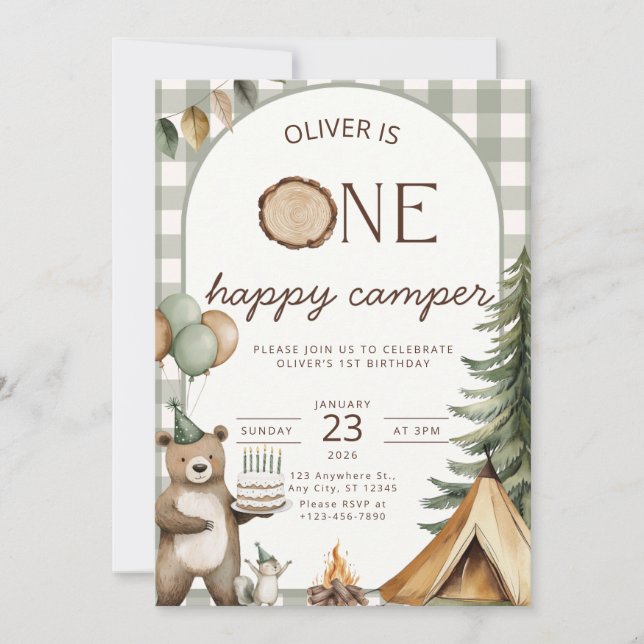 One Happy Camper Birthday Invitation Camping 1st  (Front)