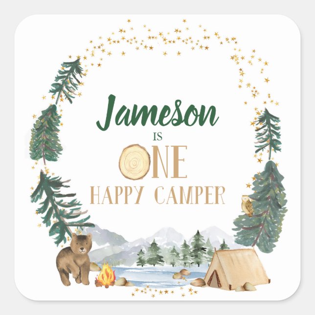 One Happy Camper Birthday Party Stickers (Front)
