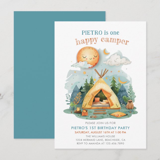 One Happy Camper Boys 1st Birthday Invitation (Front/Back)