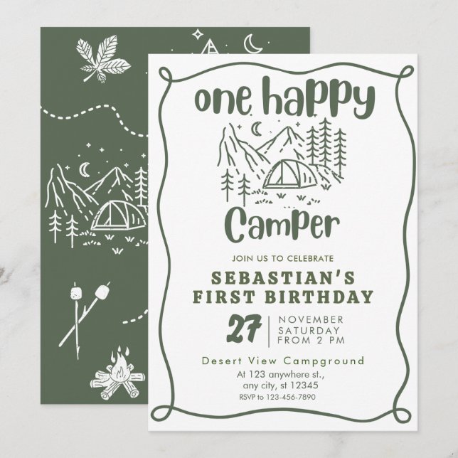 One Happy Camper Boys 1st Birthday Invitation (Front/Back)