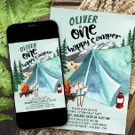 One Happy Camper Boys 1st Birthday Invitation<br><div class="desc">Camping themed 1st birthday invitation - perfect for a backyard bbq,  picnic or outdoor birthday party. This watercolor design has mountain and forest scenery with tent,  campfire and smores. The title reads "[name] is one happy camper" and the remaining invitation wording is fully editable.</div>