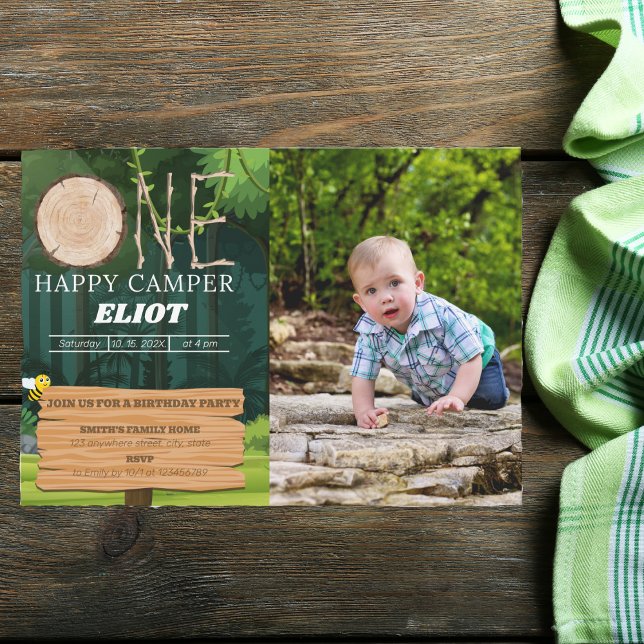 One Happy Camper Boy's 1st Birthday Photo Invitation (Creator Uploaded)