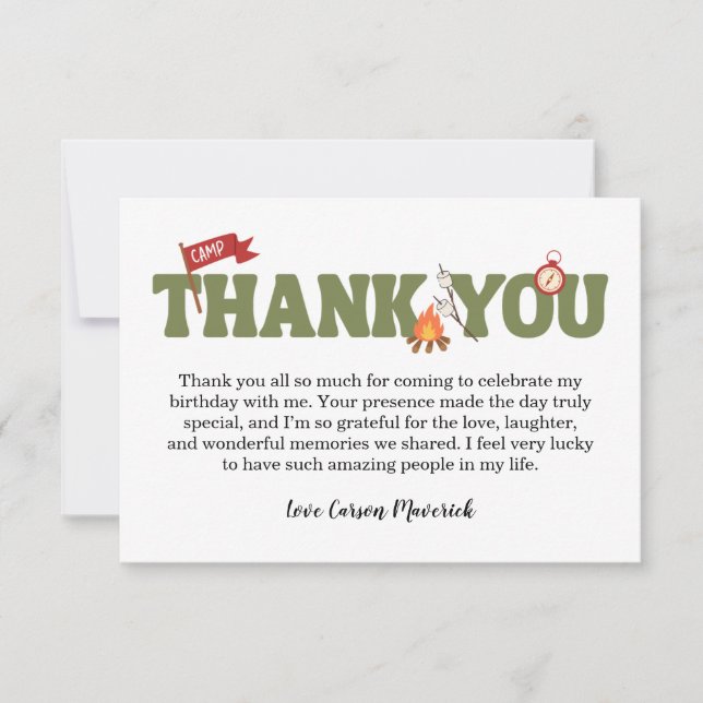 One Happy Camper Boys Birthday Thank You Card (Front)