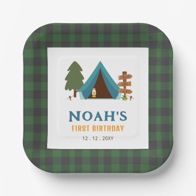 One Happy Camper Boys First Birthday Paper Plate (Front)