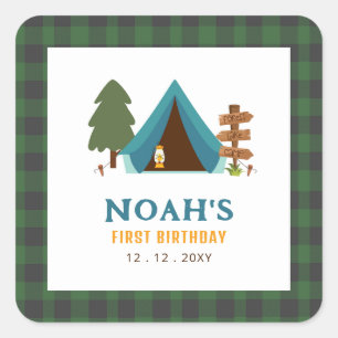 One Happy Camper Boys First Birthday Square Sticker