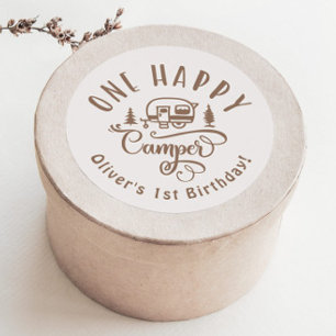 One Happy Camper brown minimalist 1st birthday Classic Round Sticker