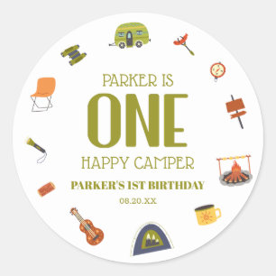 One Happy Camper Camping 1st First Birthday Party Classic Round Sticker
