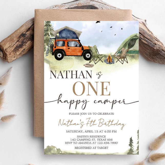One Happy Camper Camping Boy Birthday Invitation (One Happy Camper 1st Birthday Party Invitation)