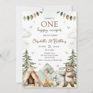 One Happy Camper Camping Woodland Birthday Invitation
