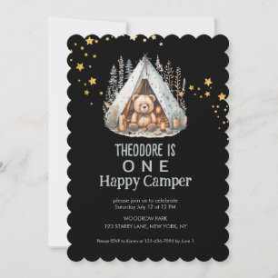 One Happy Camper Cute Celestial Bear Birthday Invitation