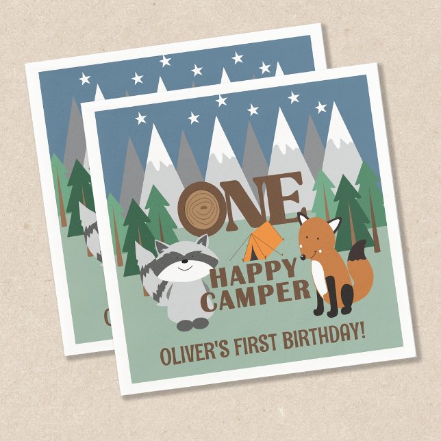 One Happy Camper Cute Woodland Animals Favour  Napkin (ONE Happy Camper 1st Birthday Napkins - customizable )
