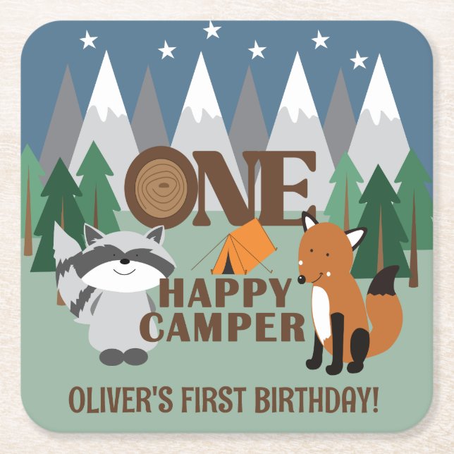 One Happy Camper Cute Woodland Animals Favour  Square Paper Coaster (Front)