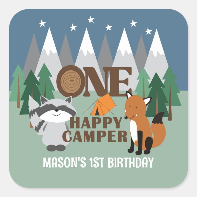 One Happy Camper Cute Woodland Animals Favour  Square Sticker (Front)
