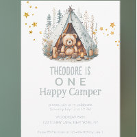 One Happy Camper Cute Woodland Bear Birthday Invit