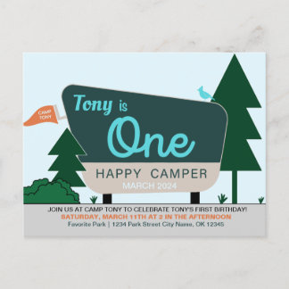 ONE HAPPY CAMPER - First Birthday Invitation Postcard