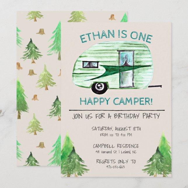 One Happy Camper First Birthday Party Invitation (Front/Back)