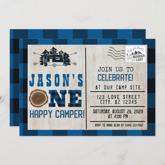 One Happy Camper Flannel Plaid 1st Birthday Invitation (Front/Back)