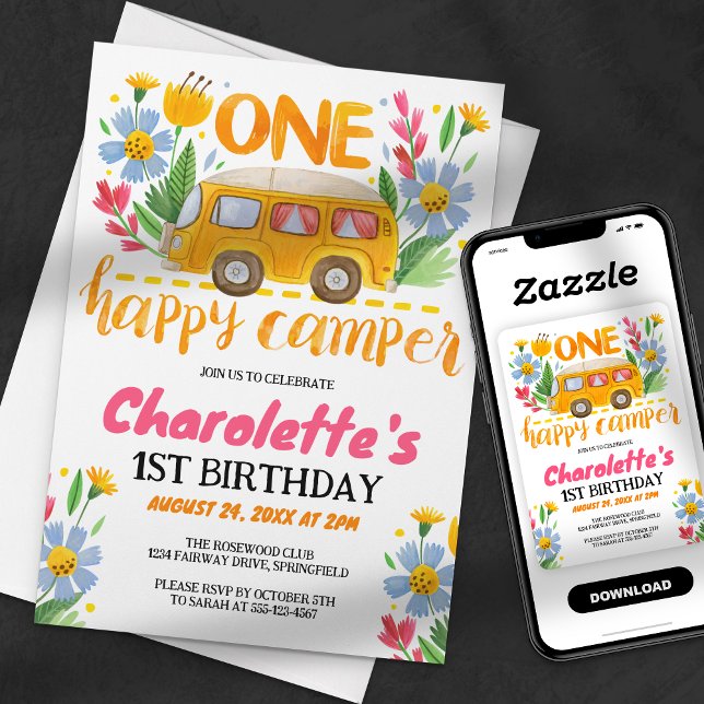 One Happy Camper Floral 1st Birthday Party Invitation (Creator Uploaded)