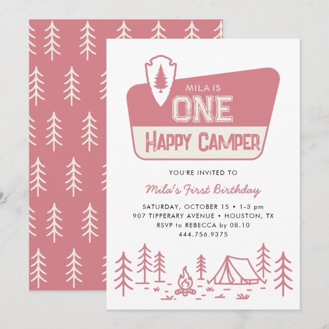 One Happy Camper Girls 1st Camping Forest Birthday Invitation (Front/Back)