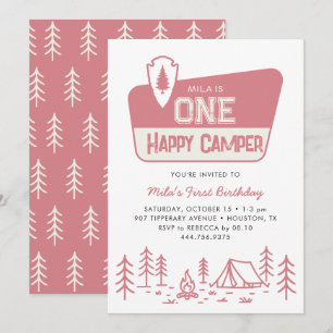 One Happy Camper Girls 1st Camping Forest Birthday Invitation
