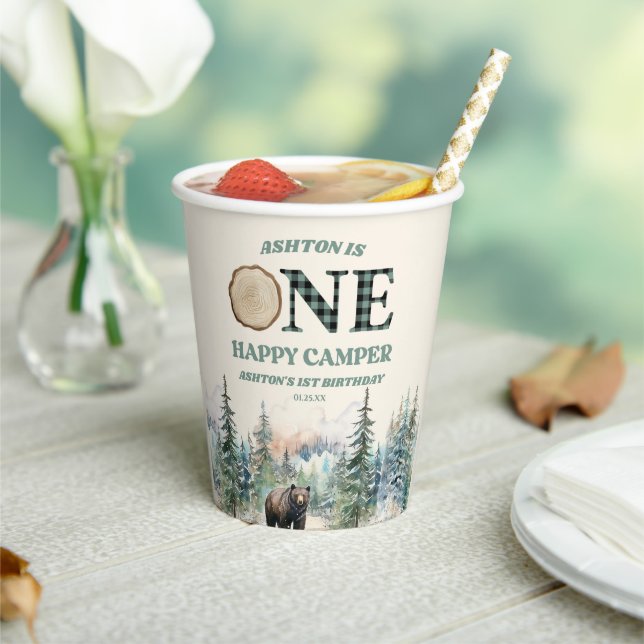 ONE Happy Camper Green Bear 1st Birthday Party Paper Cups (Insitu)