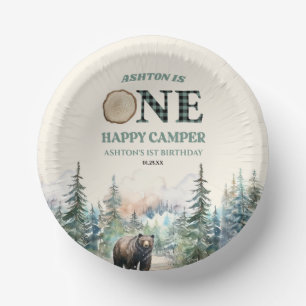 ONE Happy Camper Green Bear 1st Birthday Party Paper Plate