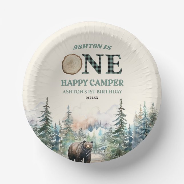 ONE Happy Camper Green Bear 1st Birthday Party Paper Plate (Front)