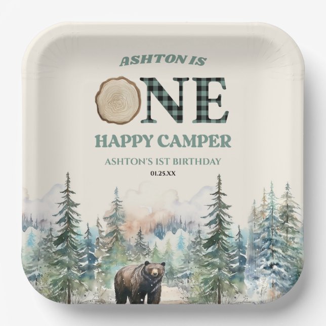 ONE Happy Camper Green Bear 1st Birthday Party Paper Plate (Front)
