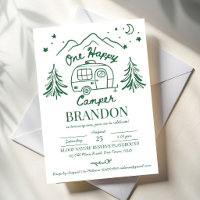 One happy camper green hand drawn birthday party