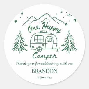 One happy camper green hand drawn birthday party classic round sticker