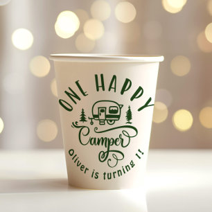 One Happy Camper green minimalist 1st birthday Paper Cups