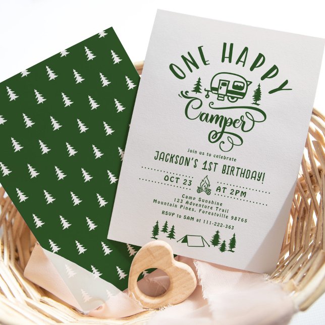One happy camper Minimalist forest 1st birthday Invitation (Creator Uploaded)