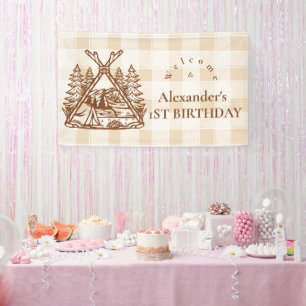 One Happy Camper Mountain Forest 1st Birthday  Banner