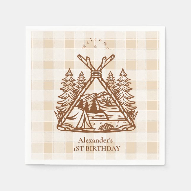 One Happy Camper Mountain Forest 1st Birthday  Napkin (Front)