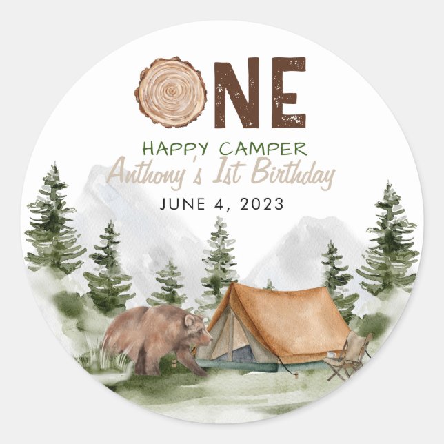 One Happy Camper Mountain Forest Bear 1st Birthday Classic Round Sticker (Front)