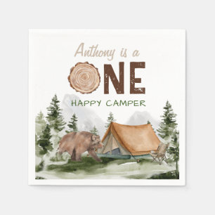 One Happy Camper Mountain Forest Bear 1st Birthday Napkin
