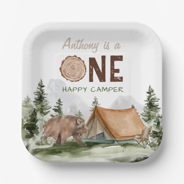 One Happy Camper Mountain Forest Bear 1st Birthday Paper Plate (Front)