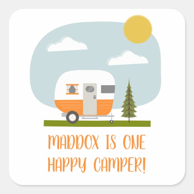 One Happy Camper Orange Trailer Birthday Square Sticker (Front)
