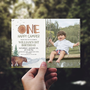 One Happy Camper Photo Bear Boys 1st Birthday Invitation