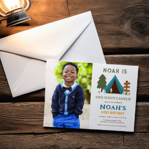 One Happy Camper Photo Boys First Birthday Invitation