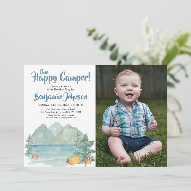 One Happy Camper Photo Mountains Boys 1st Birthday Invitation (Standing Front)
