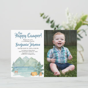 One Happy Camper Photo Mountains Boys 1st Birthday Invitation