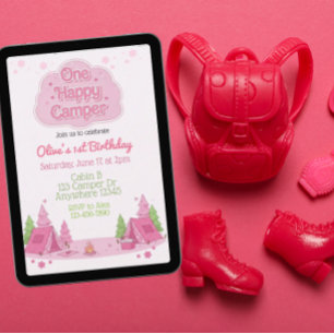 One Happy Camper Pink 1st Birthday Invitation