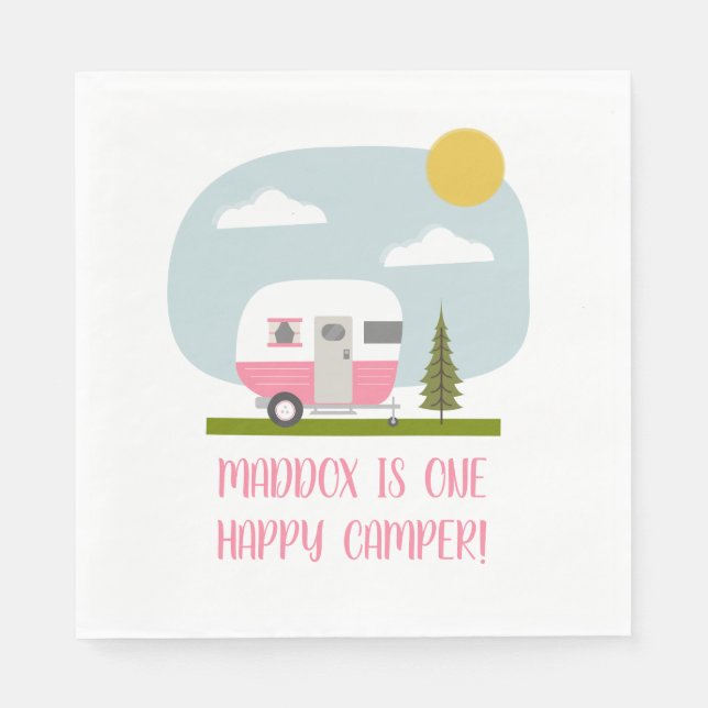 One Happy Camper Pink Trailer Birthday Napkins (Front)